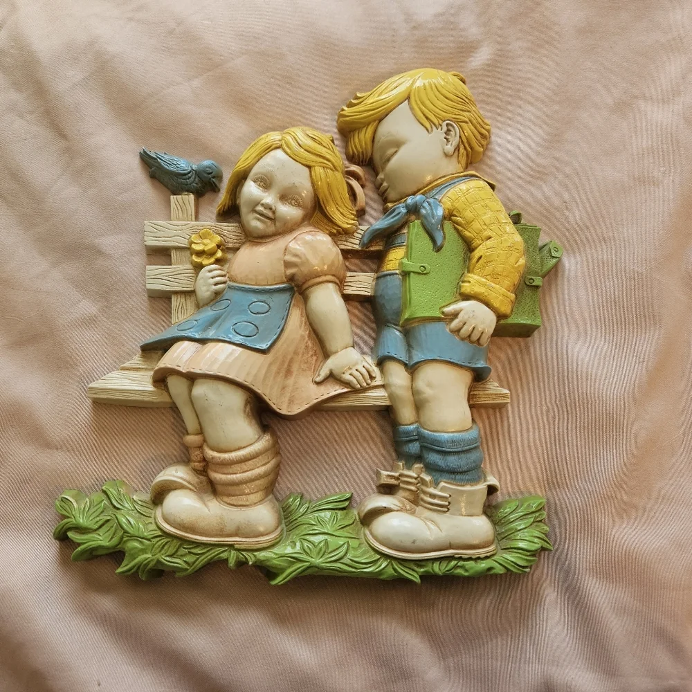 Vintage Wall Plaque with Children and Bird HOMCO 1977 Dart Plastics Decor